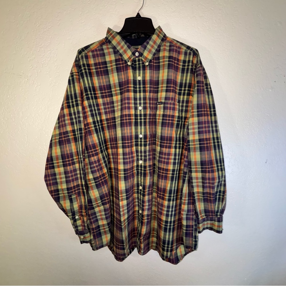 Chaps‎ Easy Care Plaid Print Collared Long Sleeve Button Down Navy Green Orange